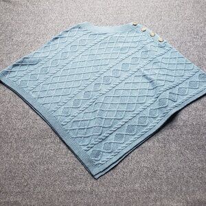 J.Jill Cable Knit Button Shoulder Poncho NWT Blue Teal Cape Sweater Cottagecore
